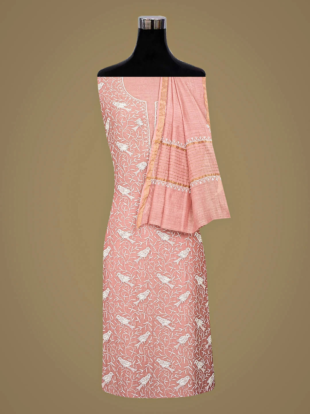 Ada Hand Embroidered Dusty Peach Chanderi Lucknowi Chikankari Unstitched Kurta Dupatta Set With Cutdana Work 01A818458