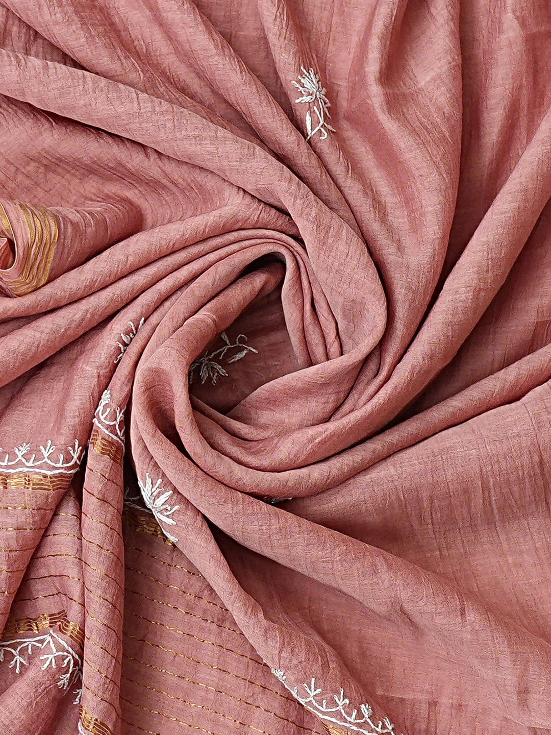 Ada Hand Embroidered Dusty Peach Chanderi Lucknowi Chikankari Unstitched Kurta Dupatta Set With Cutdana Work 01A818458