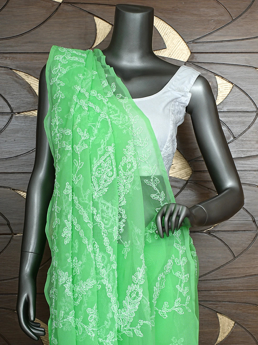 Ada Hand Embroidered Green Georgette Lucknowi Chikankari Saree and Blouse 01A916546