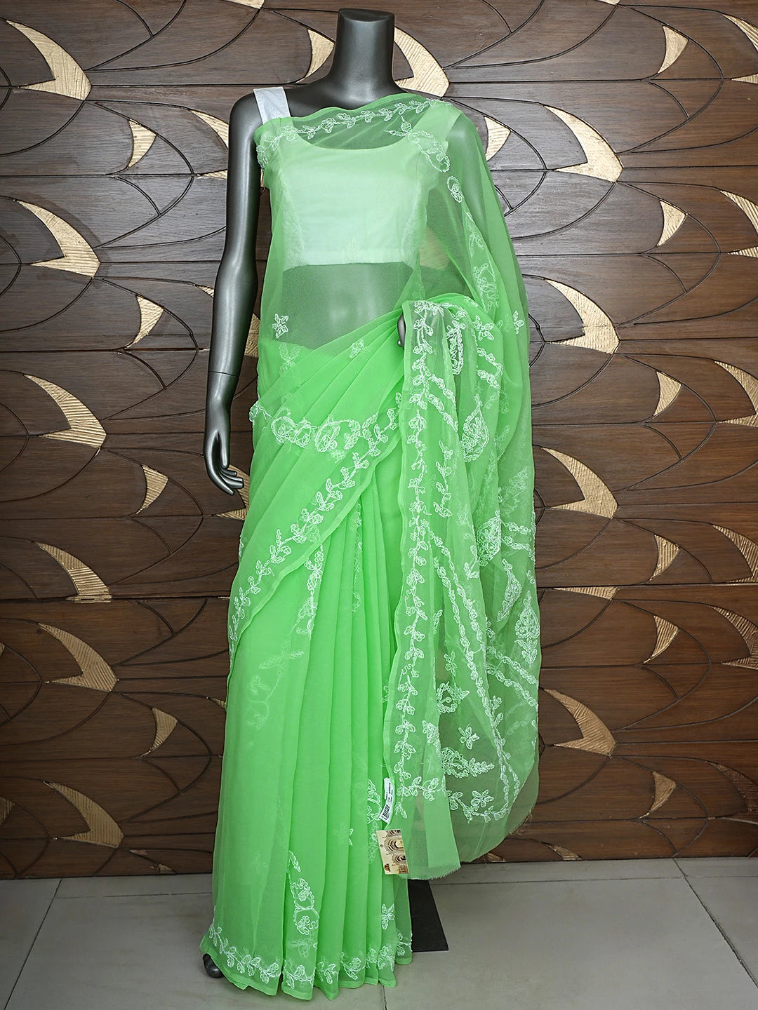 Ada Hand Embroidered Green Georgette Lucknowi Chikankari Saree and Blouse 01A916546