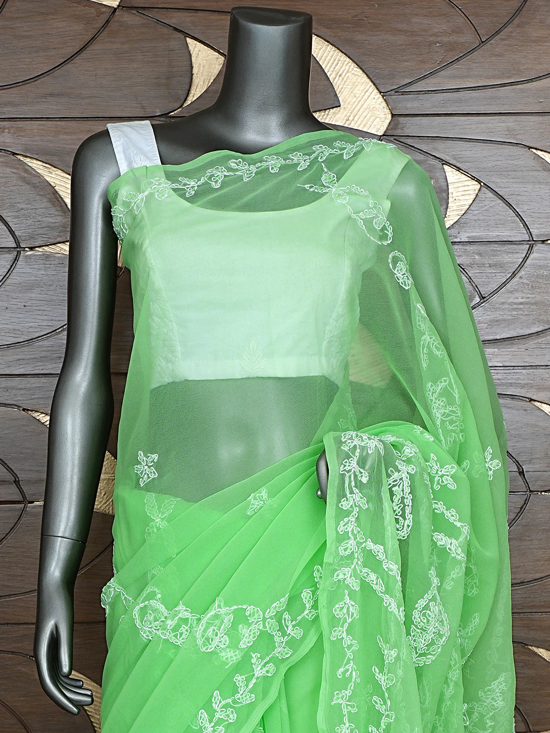 Ada Hand Embroidered Green Georgette Lucknowi Chikankari Saree and Blouse 01A916546