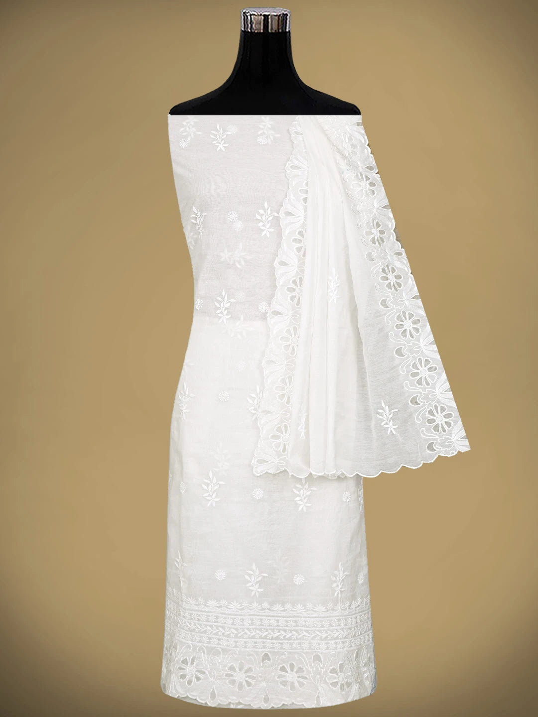 Ada Hand Embroidered White Chanderi Lucknowi Chikankari Unstitched Kurta Dupatta Set 01A417486