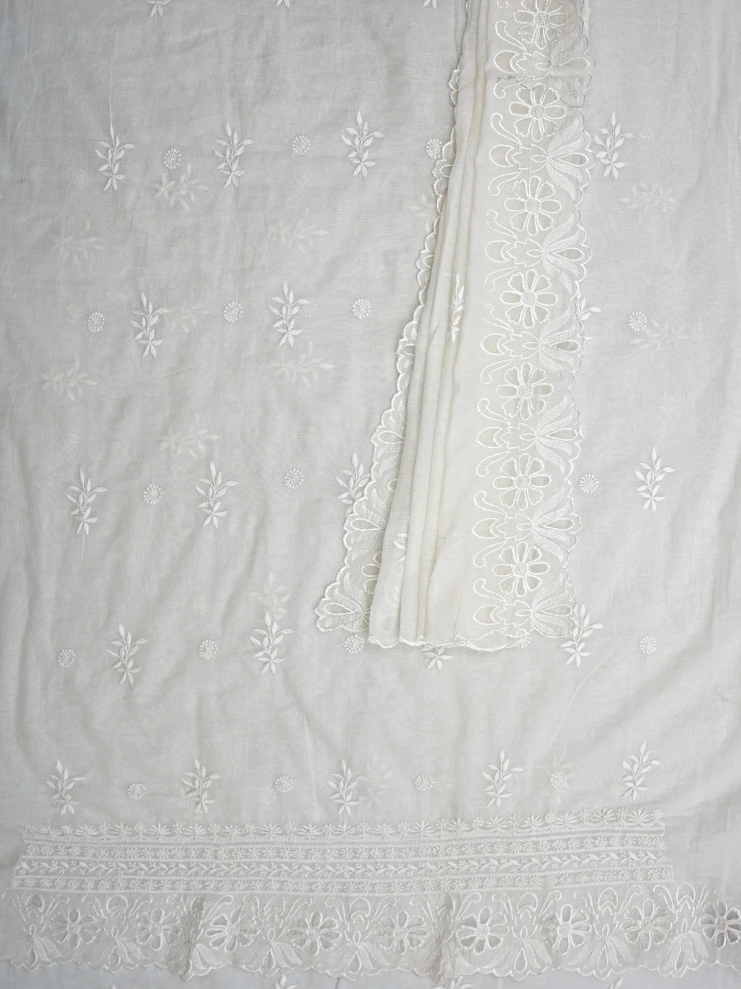 Ada Hand Embroidered White Chanderi Lucknowi Chikankari Unstitched Kurta Dupatta Set 01A417486