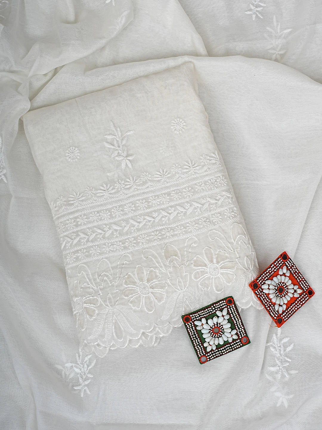 Ada Hand Embroidered White Chanderi Lucknowi Chikankari Unstitched Kurta Dupatta Set 01A417486