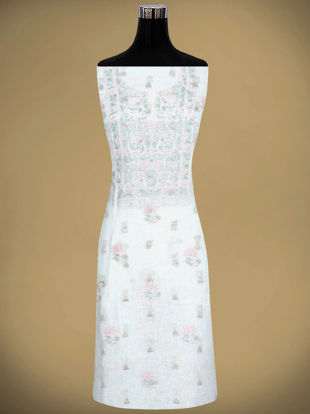 Ada Hand Embroidered Beige Linen Lucknowi Chikankari Unstitched Kurta Dupatta Set 01A917365