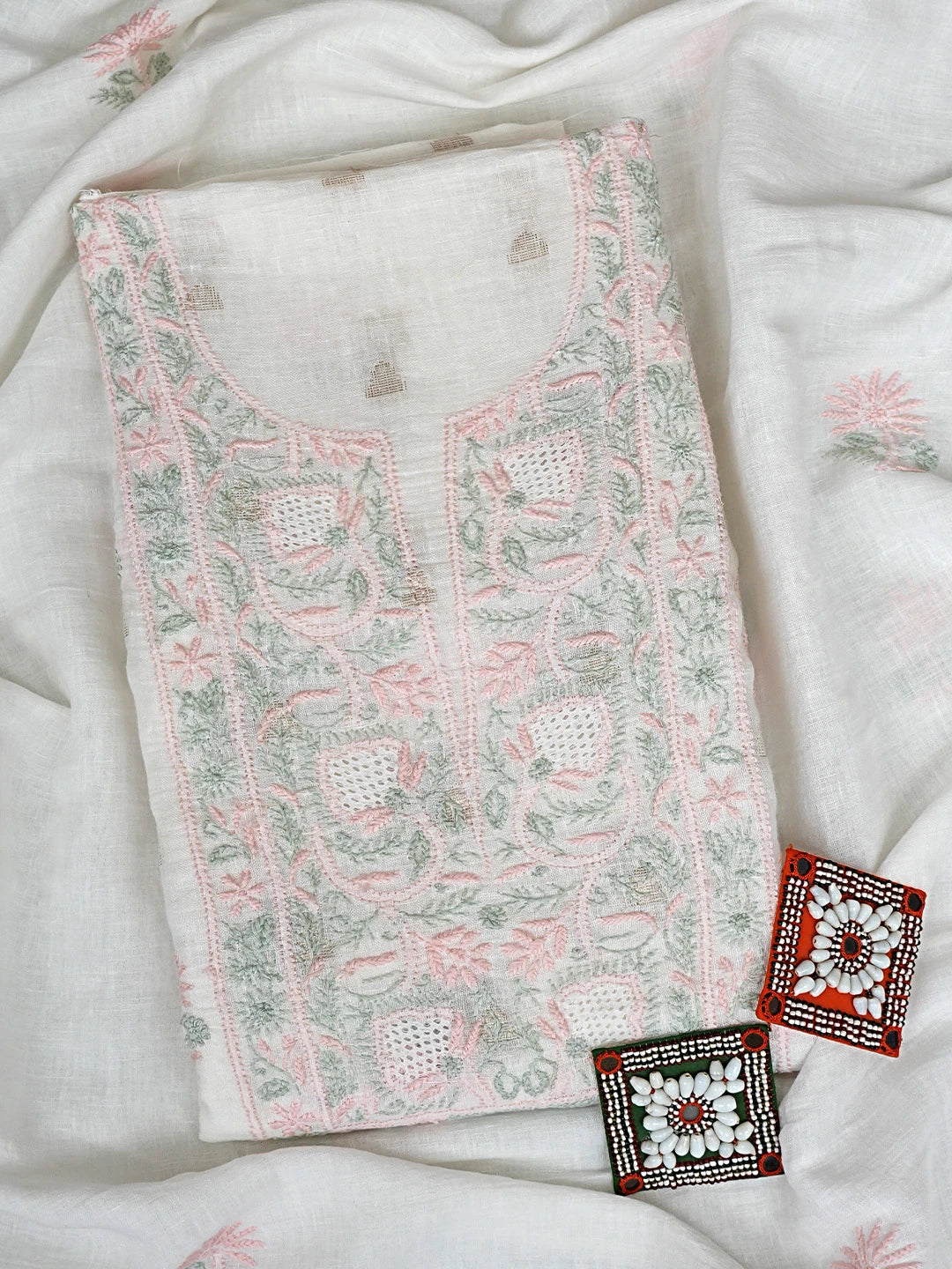 Ada Hand Embroidered Beige Linen Lucknowi Chikankari Unstitched Kurta Dupatta Set 01A917365