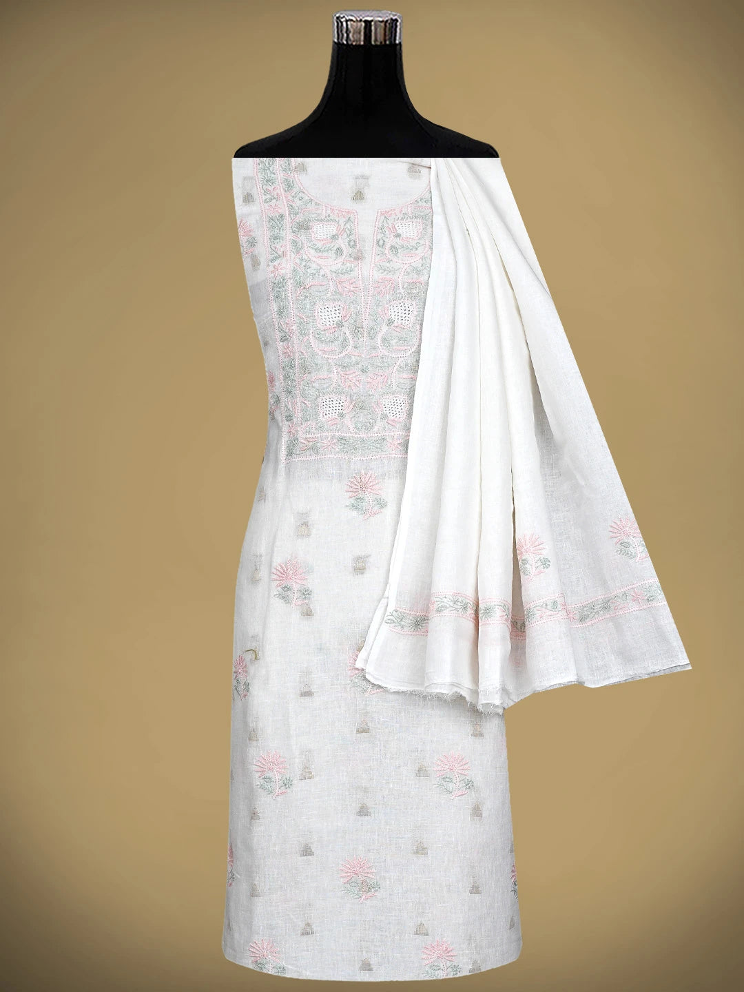 Ada Hand Embroidered Beige Linen Lucknowi Chikankari Unstitched Kurta Dupatta Set 01A917365