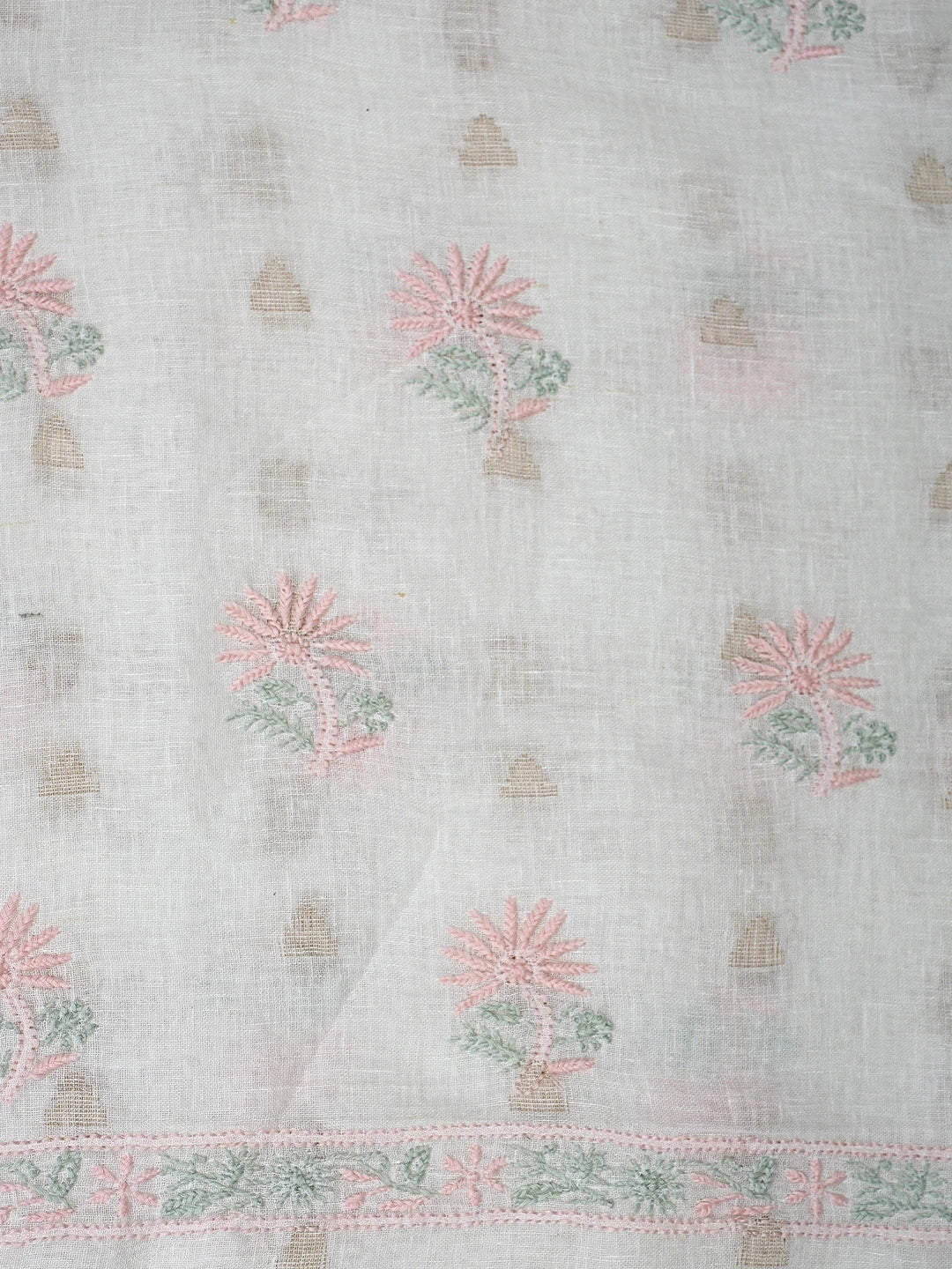 Ada Hand Embroidered Beige Linen Lucknowi Chikankari Unstitched Kurta Dupatta Set 01A917365