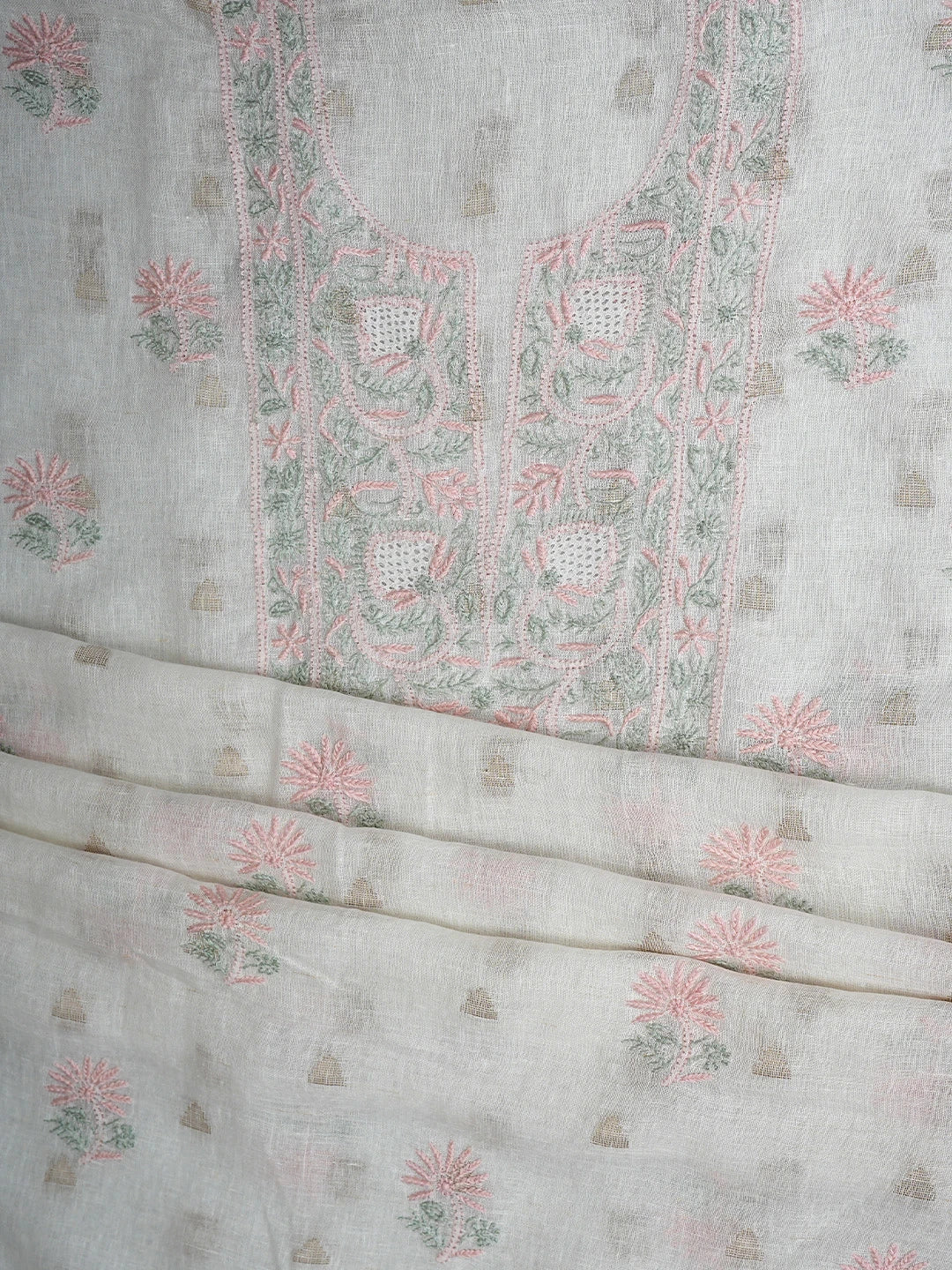 Ada Hand Embroidered Beige Linen Lucknowi Chikankari Unstitched Kurta Dupatta Set 01A917365
