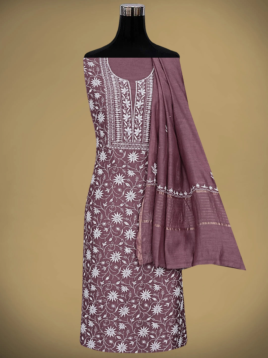 Ada Hand Embroidered Mauve Chanderi Lucknowi Chikankari Unstitched Kurta Dupatta Set With Cutdana Work 01A837849