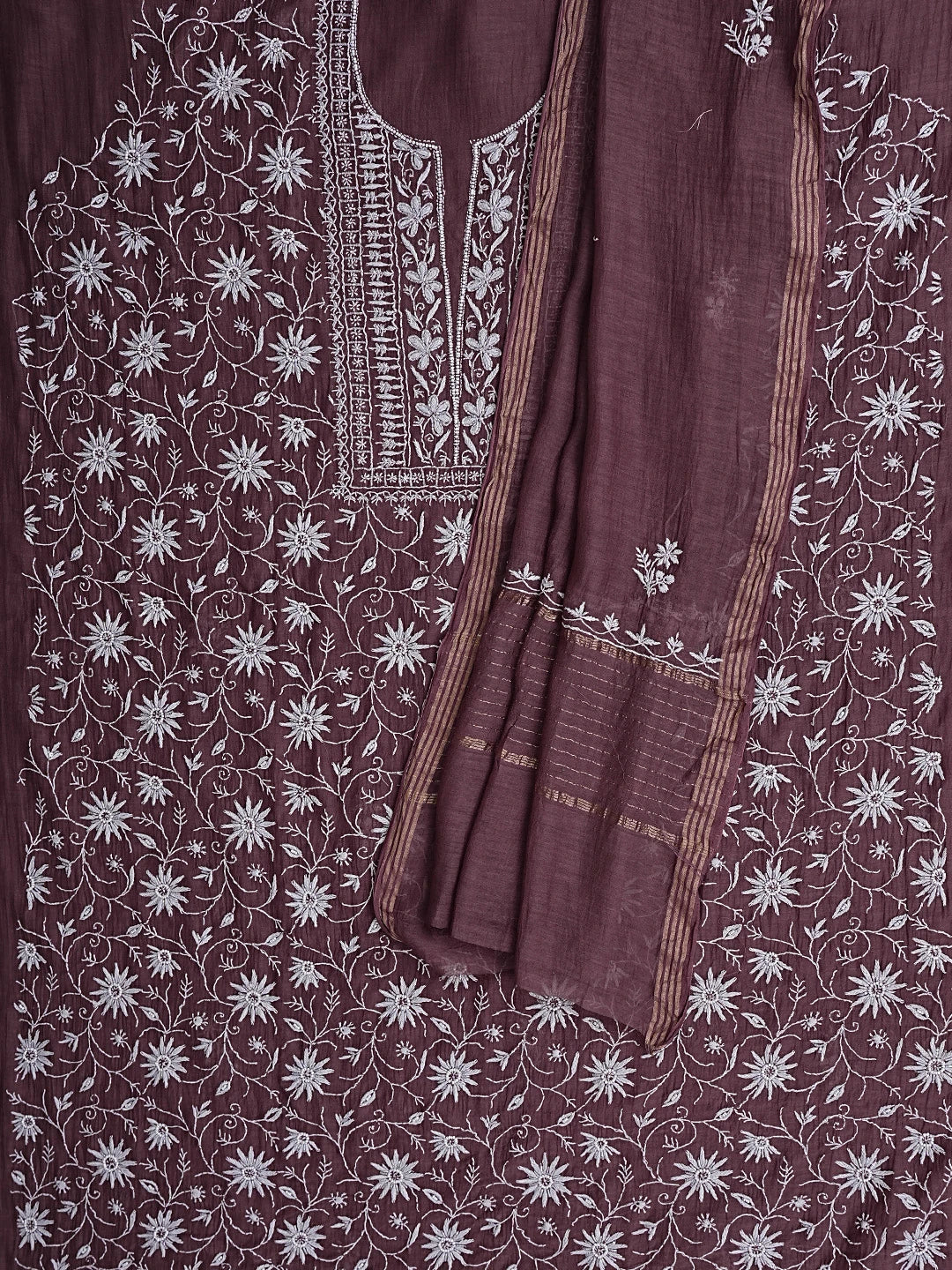 Ada Hand Embroidered Mauve Chanderi Lucknowi Chikankari Unstitched Kurta Dupatta Set With Cutdana Work 01A837849