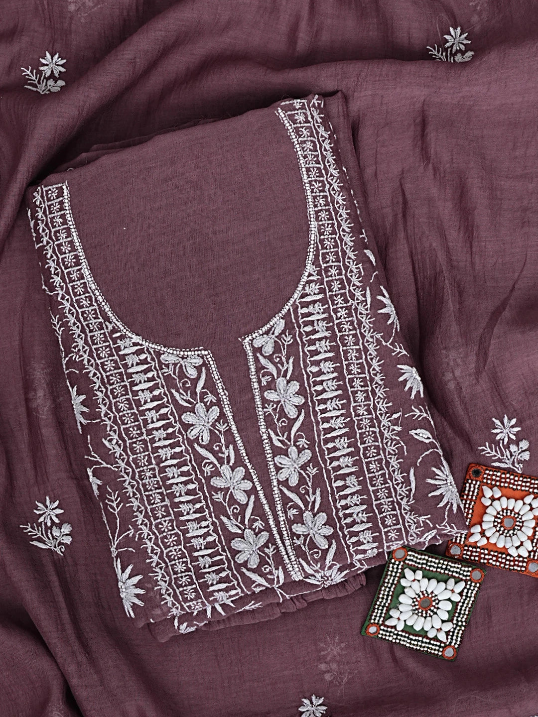 Ada Hand Embroidered Mauve Chanderi Lucknowi Chikankari Unstitched Kurta Dupatta Set With Cutdana Work 01A837849