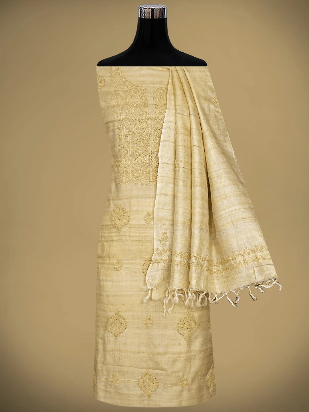 Ada Hand Embroidered Fawn Tusser Silk Lucknowi Chikankari Unstitched Kurta Dupatta Set 01A907311