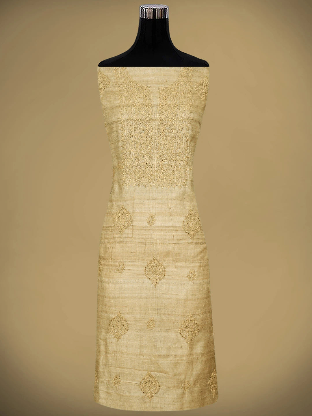 Ada Hand Embroidered Fawn Tusser Silk Lucknowi Chikankari Unstitched Kurta Dupatta Set 01A907311