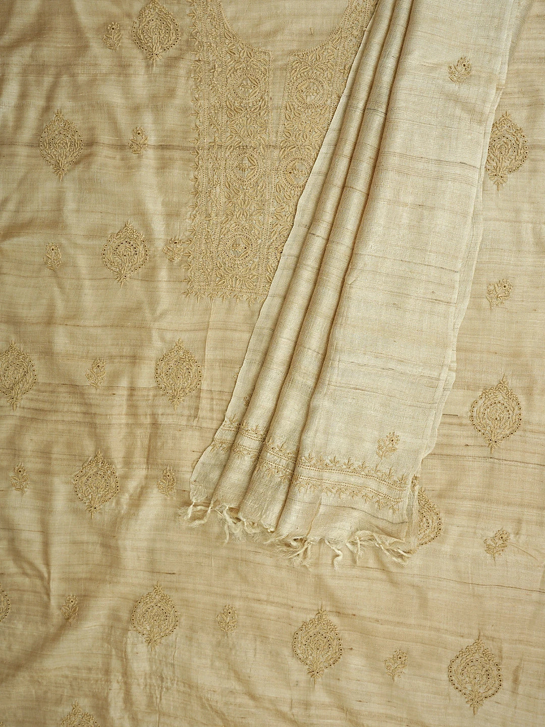 Ada Hand Embroidered Fawn Tusser Silk Lucknowi Chikankari Unstitched Kurta Dupatta Set 01A907311