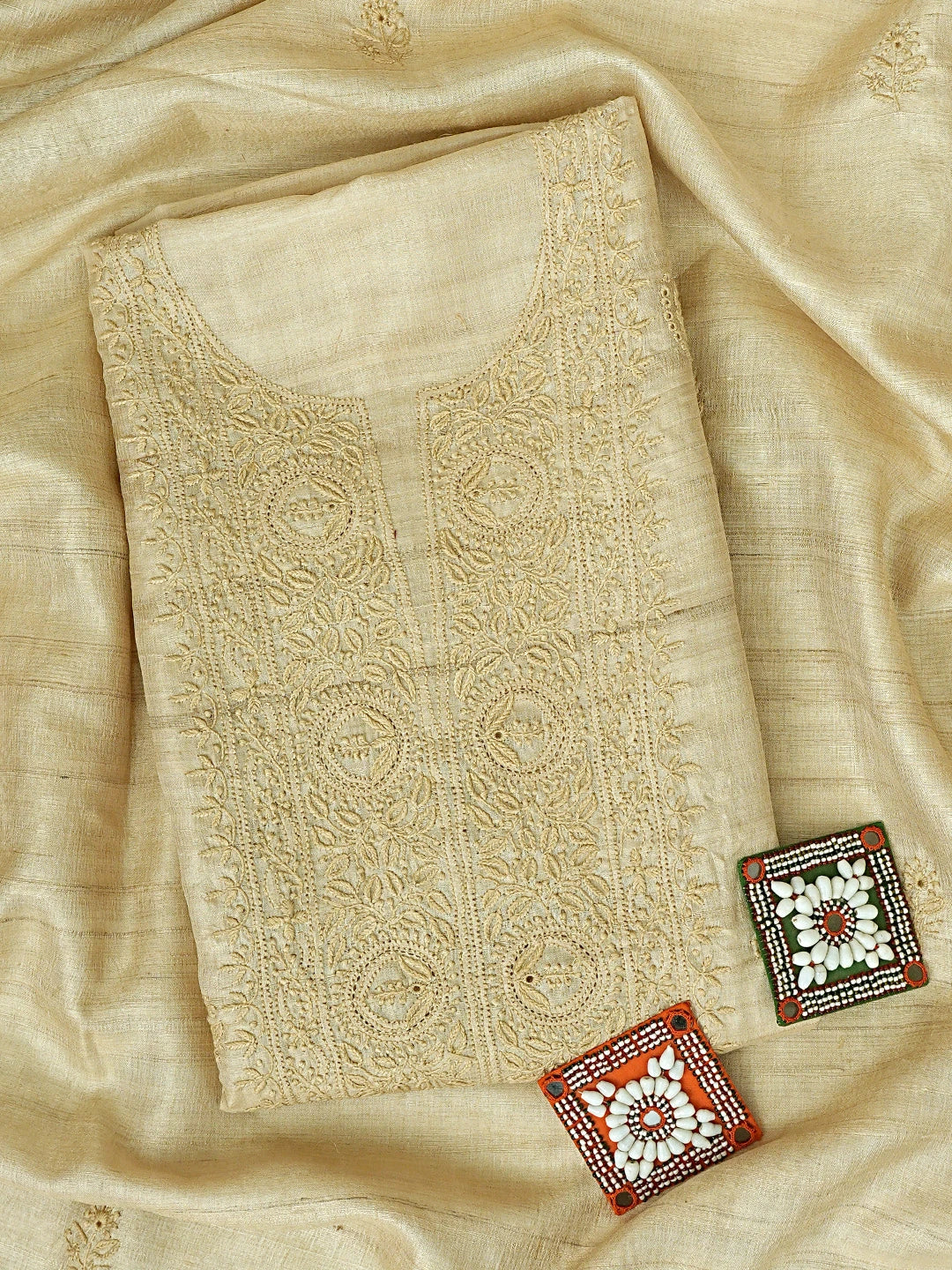 Ada Hand Embroidered Fawn Tusser Silk Lucknowi Chikankari Unstitched Kurta Dupatta Set 01A907311
