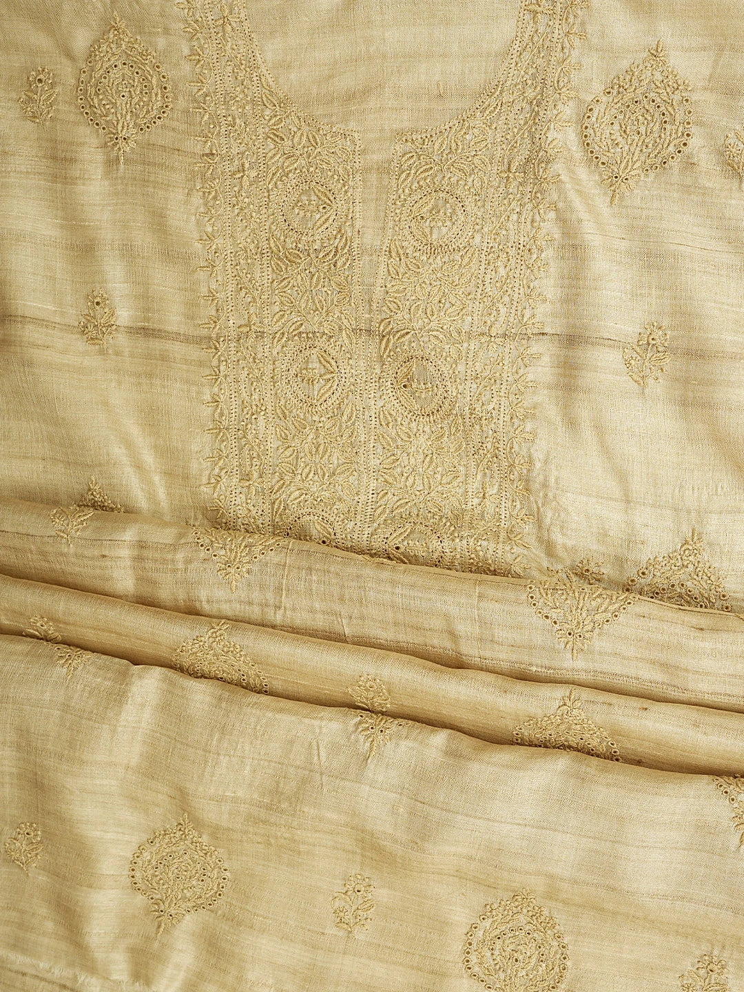 Ada Hand Embroidered Fawn Tusser Silk Lucknowi Chikankari Unstitched Kurta Dupatta Set 01A907311