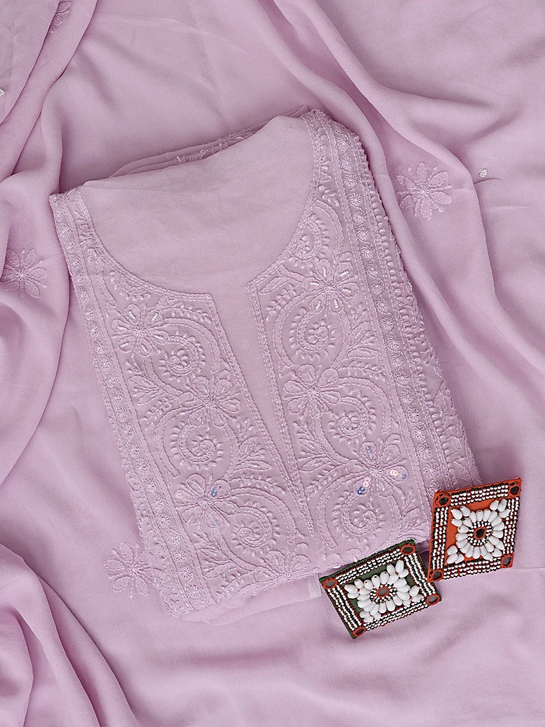 Ada Hand Embroidered Lavender Viscose Georgette Lucknowi Chikankari Unstitched Kurta Dupatta Set With Cutdana Work 01A893845