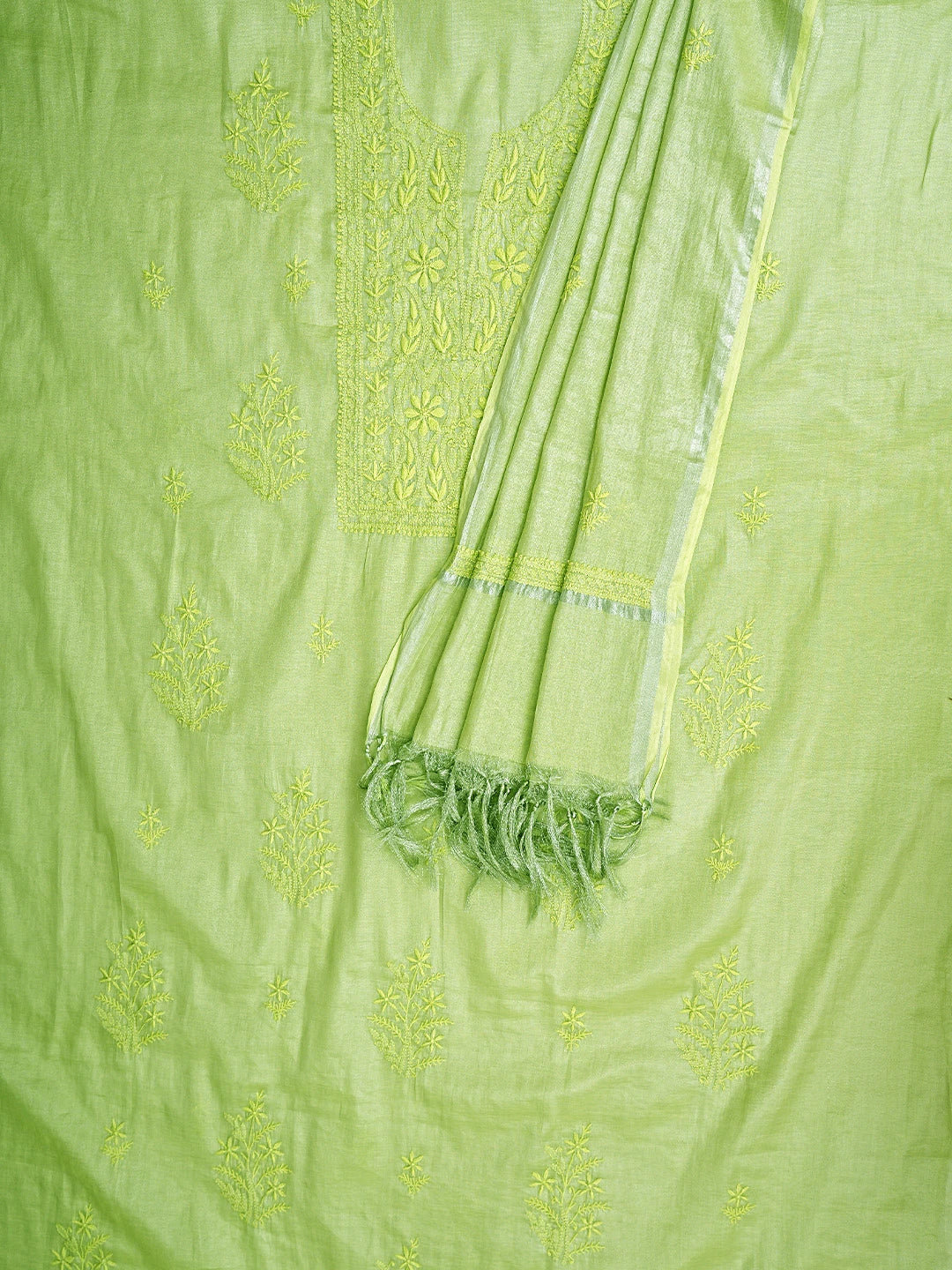 Ada Hand Embroidered Pista Green Tissue Lucknowi Chikankari Kurta Dupatta Set 01A901630