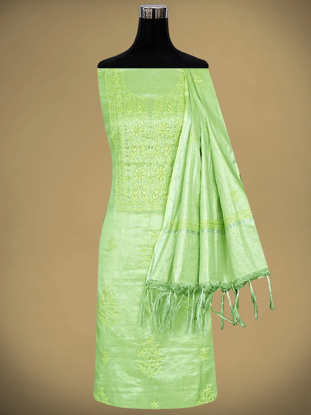 Ada Hand Embroidered Pista Green Tissue Lucknowi Chikankari Kurta Dupatta Set 01A901630