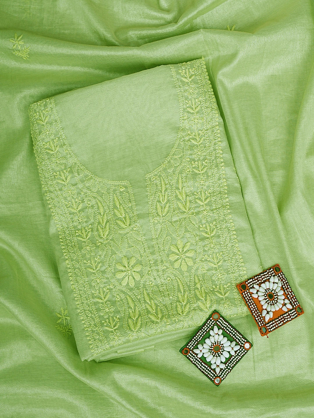 Ada Hand Embroidered Pista Green Tissue Lucknowi Chikankari Kurta Dupatta Set 01A901630