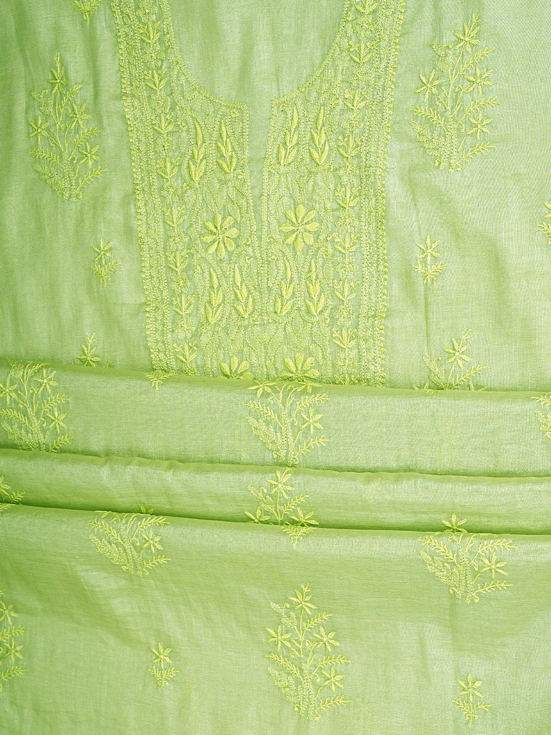 Ada Hand Embroidered Pista Green Tissue Lucknowi Chikankari Kurta Dupatta Set 01A901630