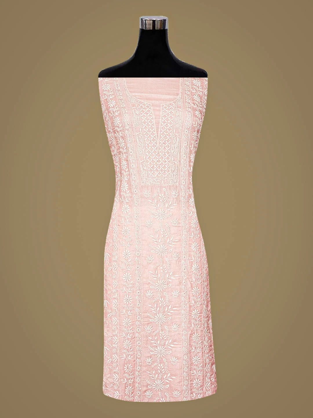 Ada Hand Embroidered  Pink Silk Lucknowi Chikankari Unstitched Kurta Dupatta Set 01A891035