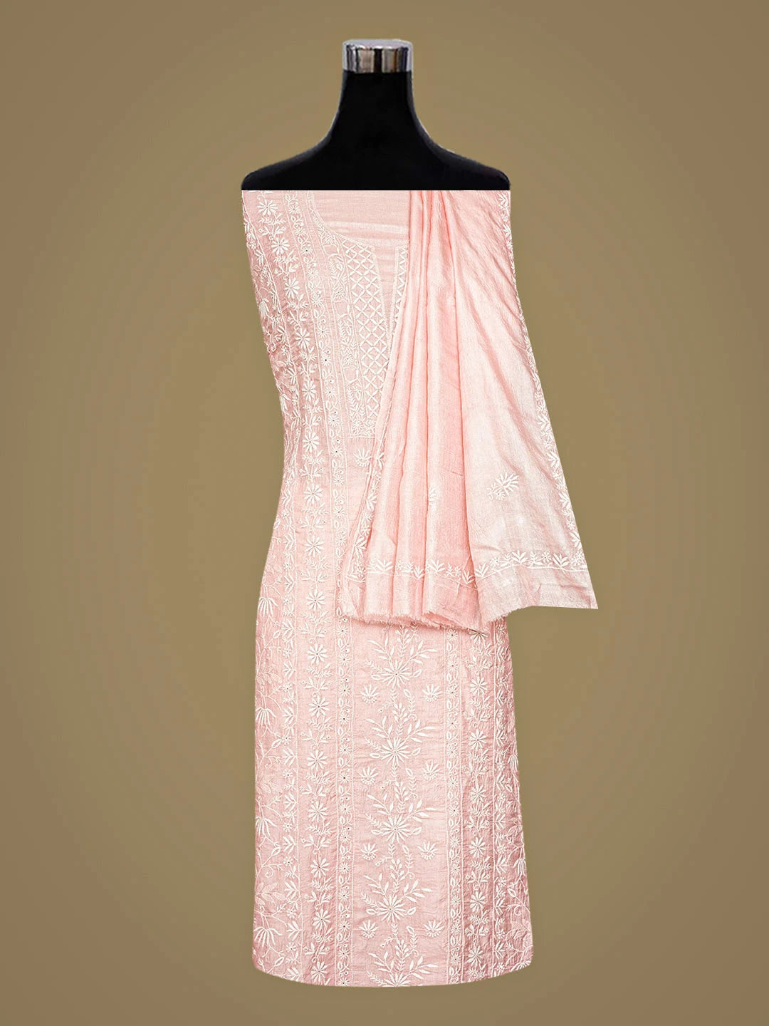 Ada Hand Embroidered  Pink Silk Lucknowi Chikankari Unstitched Kurta Dupatta Set 01A891035