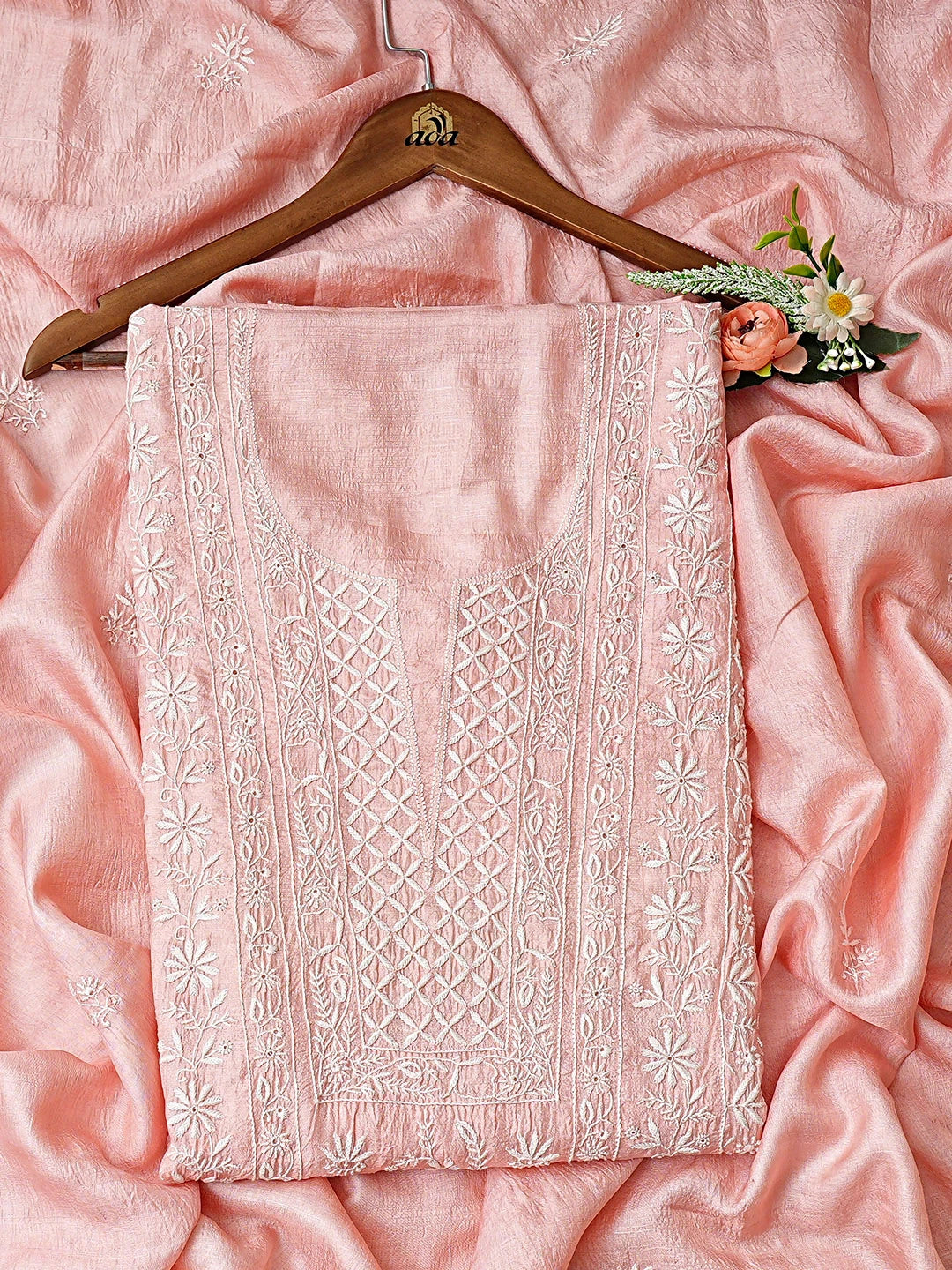 Ada Hand Embroidered  Pink Silk Lucknowi Chikankari Unstitched Kurta Dupatta Set 01A891035