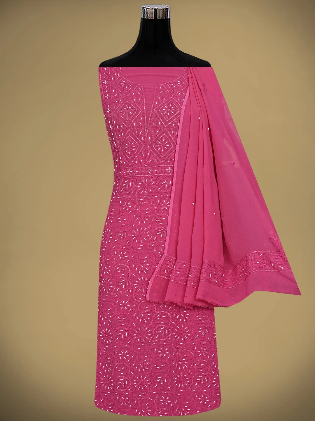 Ada Hand Embroidered Magenta Viscose Georgette Lucknowi Chikankari Unstitched Kurta Dupatta Set With Pearl Work 01A893621