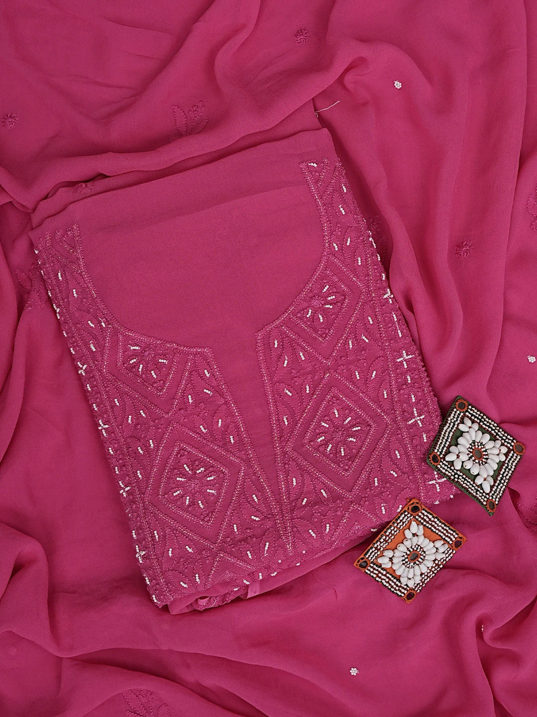 Ada Hand Embroidered Magenta Viscose Georgette Lucknowi Chikankari Unstitched Kurta Dupatta Set With Pearl Work 01A893621