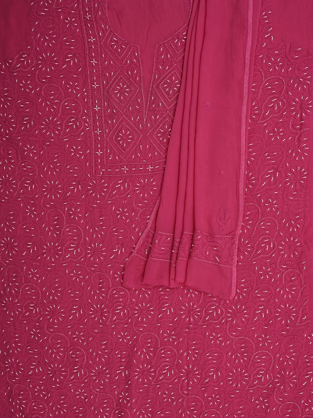 Ada Hand Embroidered Magenta Viscose Georgette Lucknowi Chikankari Unstitched Kurta Dupatta Set With Pearl Work 01A893621