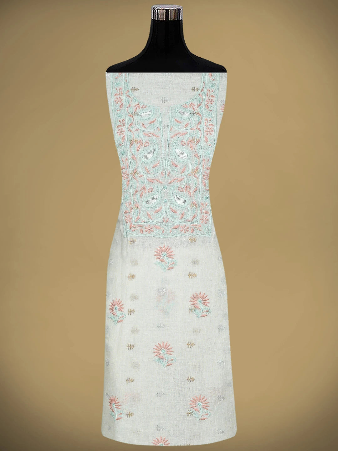 Ada Hand Embroidered White Cornsilk Linen Lucknowi Chikankari Unstitched Kurta Dupatta Set 01A917366