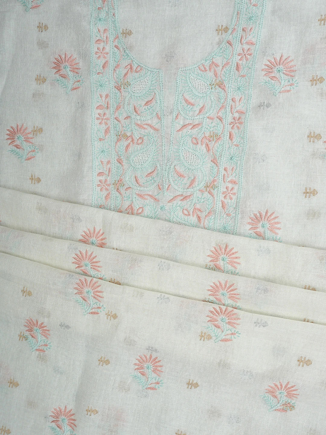 Ada Hand Embroidered White Cornsilk Linen Lucknowi Chikankari Unstitched Kurta Dupatta Set 01A917366
