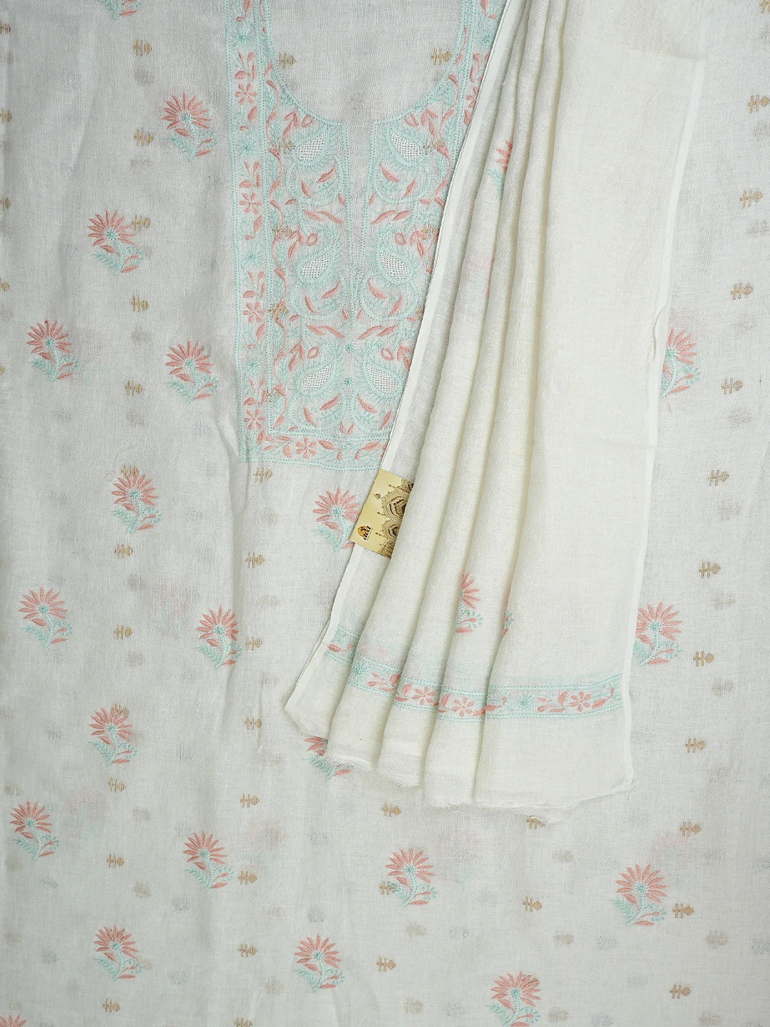 Ada Hand Embroidered White Cornsilk Linen Lucknowi Chikankari Unstitched Kurta Dupatta Set 01A917366