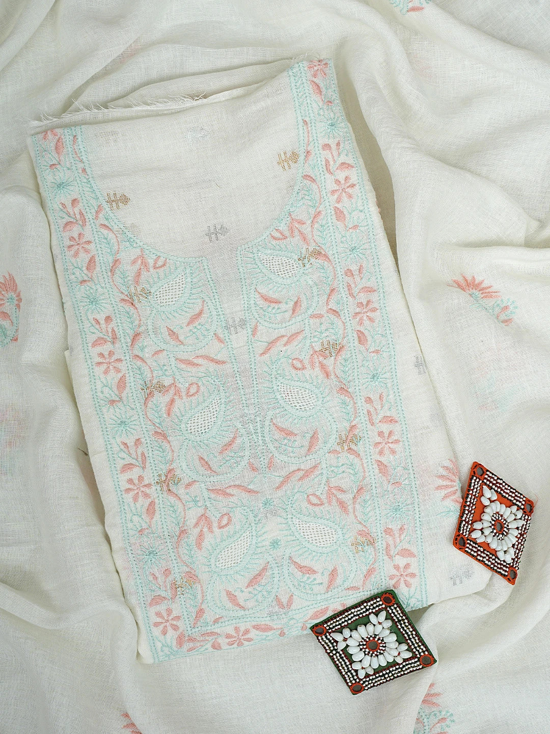 Ada Hand Embroidered White Cornsilk Linen Lucknowi Chikankari Unstitched Kurta Dupatta Set 01A917366
