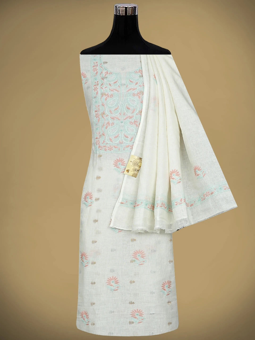 Ada Hand Embroidered White Cornsilk Linen Lucknowi Chikankari Unstitched Kurta Dupatta Set 01A917366