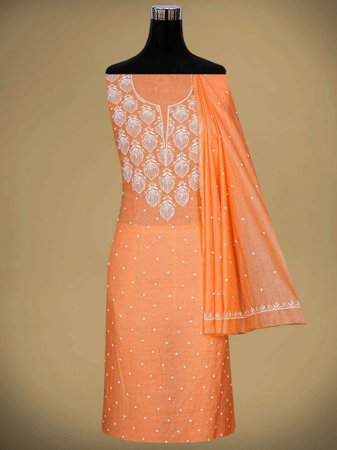 Ada Hand Embroidered Orange Chanderi Lucknowi Chikankari Unstitched Kurta Dupatta Set With Cutdana Work 01A911088