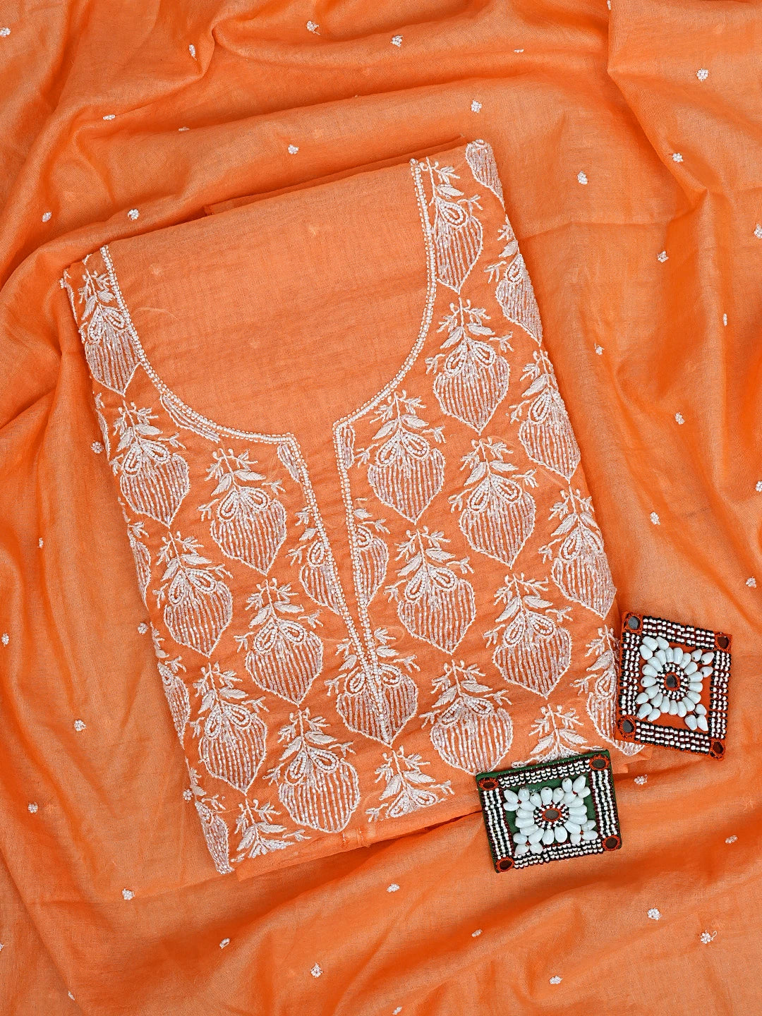 Ada Hand Embroidered Orange Chanderi Lucknowi Chikankari Unstitched Kurta Dupatta Set With Cutdana Work 01A911088
