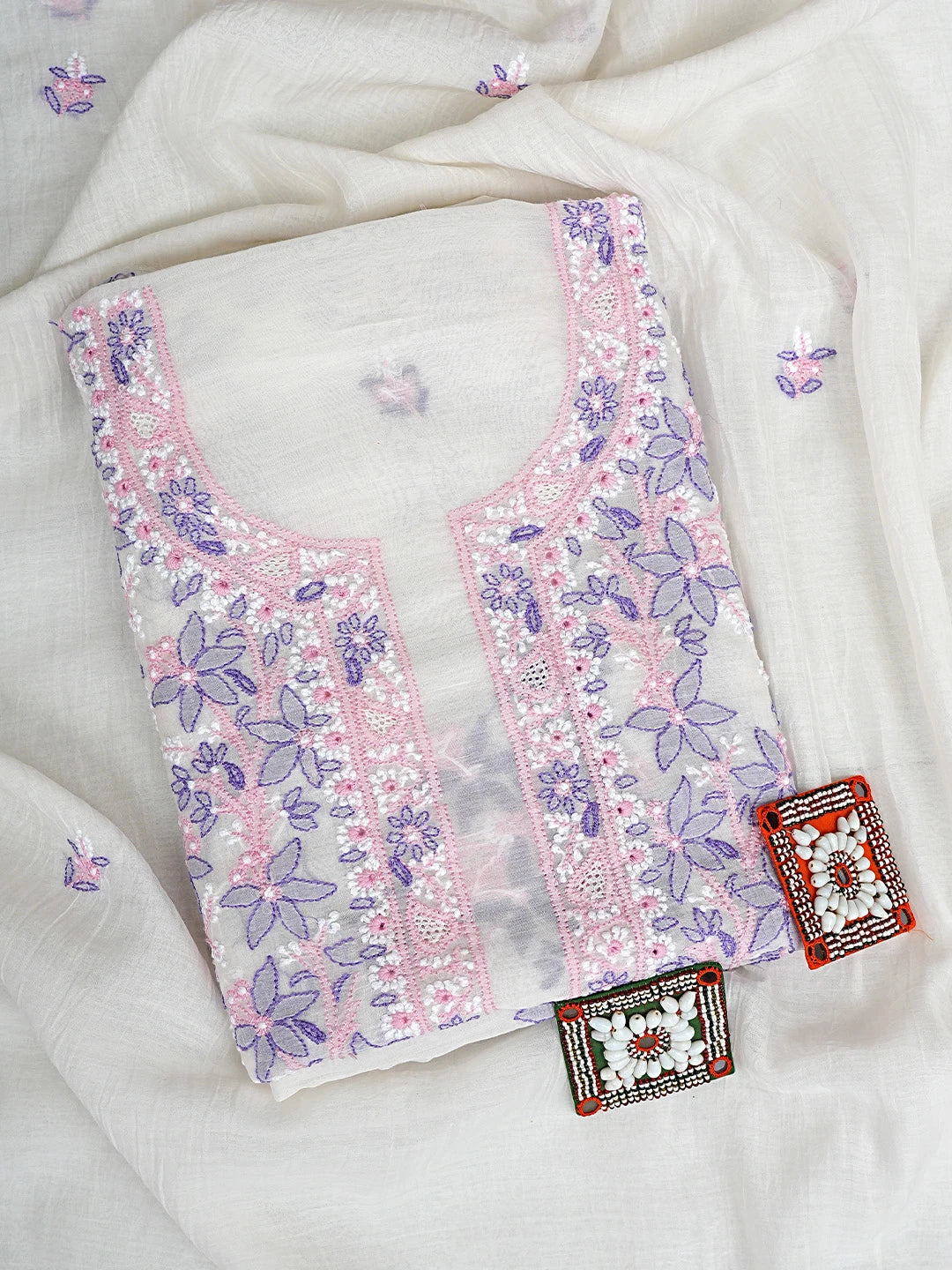 Ada Hand Embroidered White Cornsilk Chanderi Lucknowi Chikankari Kurta Dupatta Set 01A903865