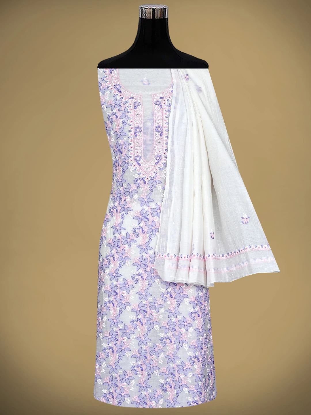 Ada Hand Embroidered White Cornsilk Chanderi Lucknowi Chikankari Kurta Dupatta Set 01A903865