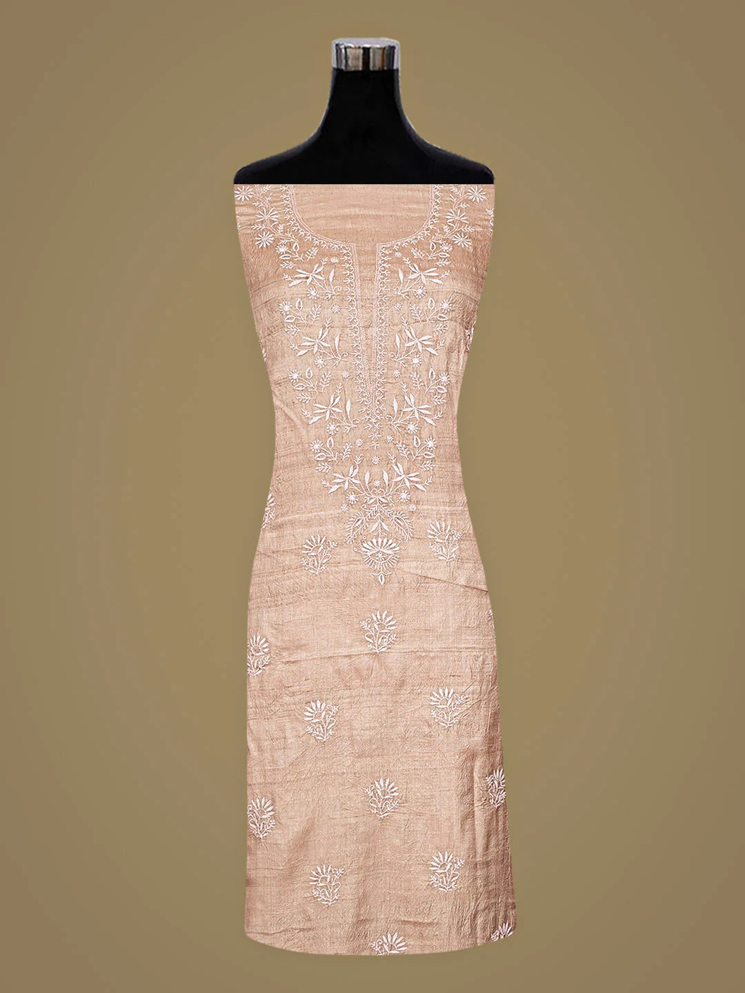 Ada Hand Embroidered Light Fawn Tussar Silk Lucknowi Chikankari Unstitched Kurta Dupatta Set 01A786812