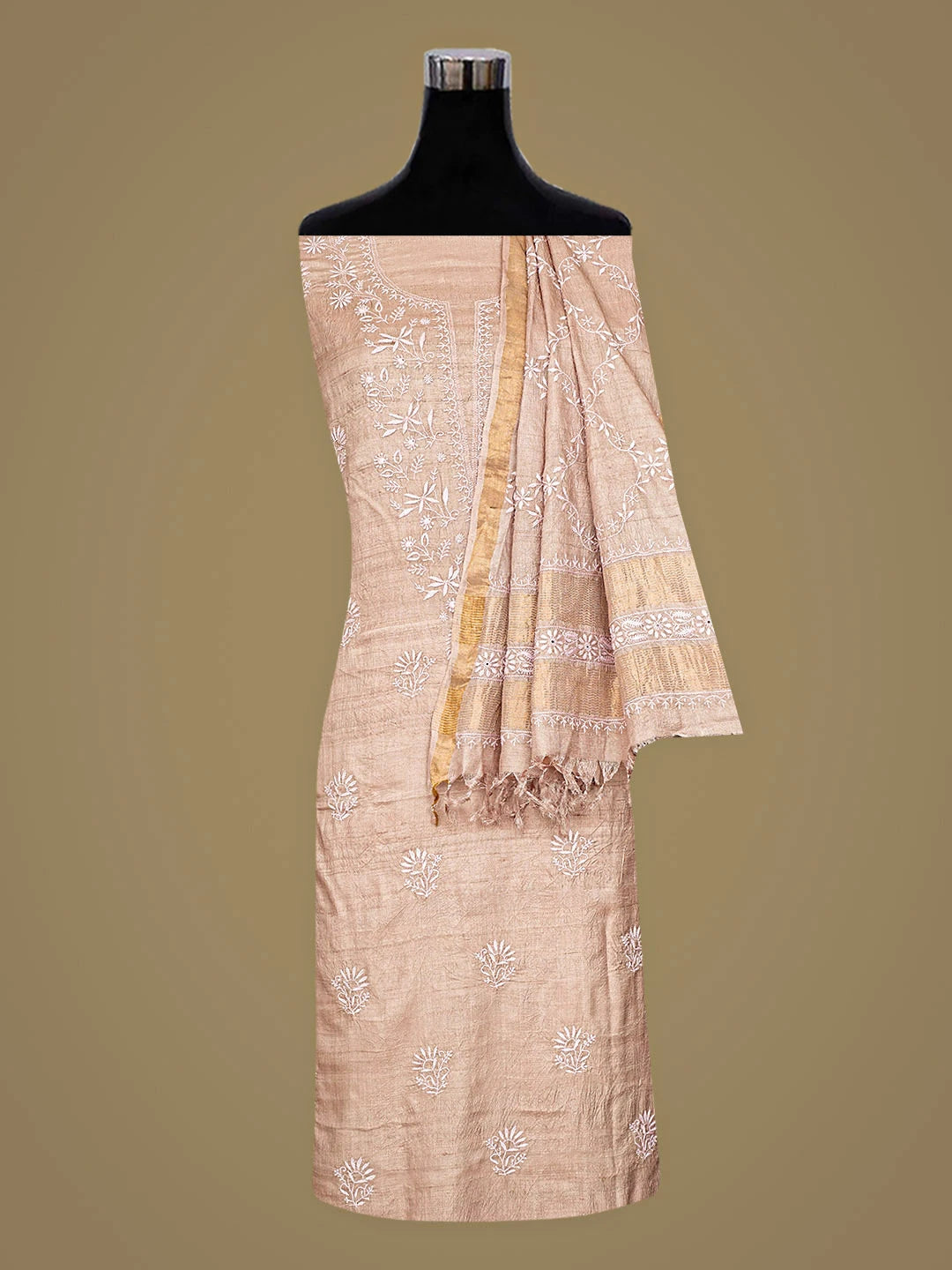 Ada Hand Embroidered Light Fawn Tussar Silk Lucknowi Chikankari Unstitched Kurta Dupatta Set 01A786812