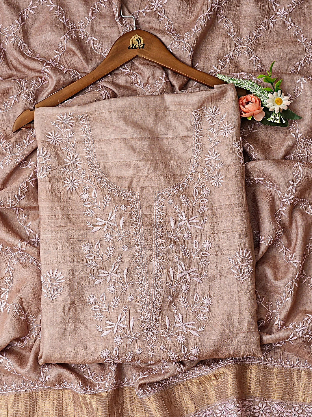 Ada Hand Embroidered Light Fawn Tussar Silk Lucknowi Chikankari Unstitched Kurta Dupatta Set 01A786812