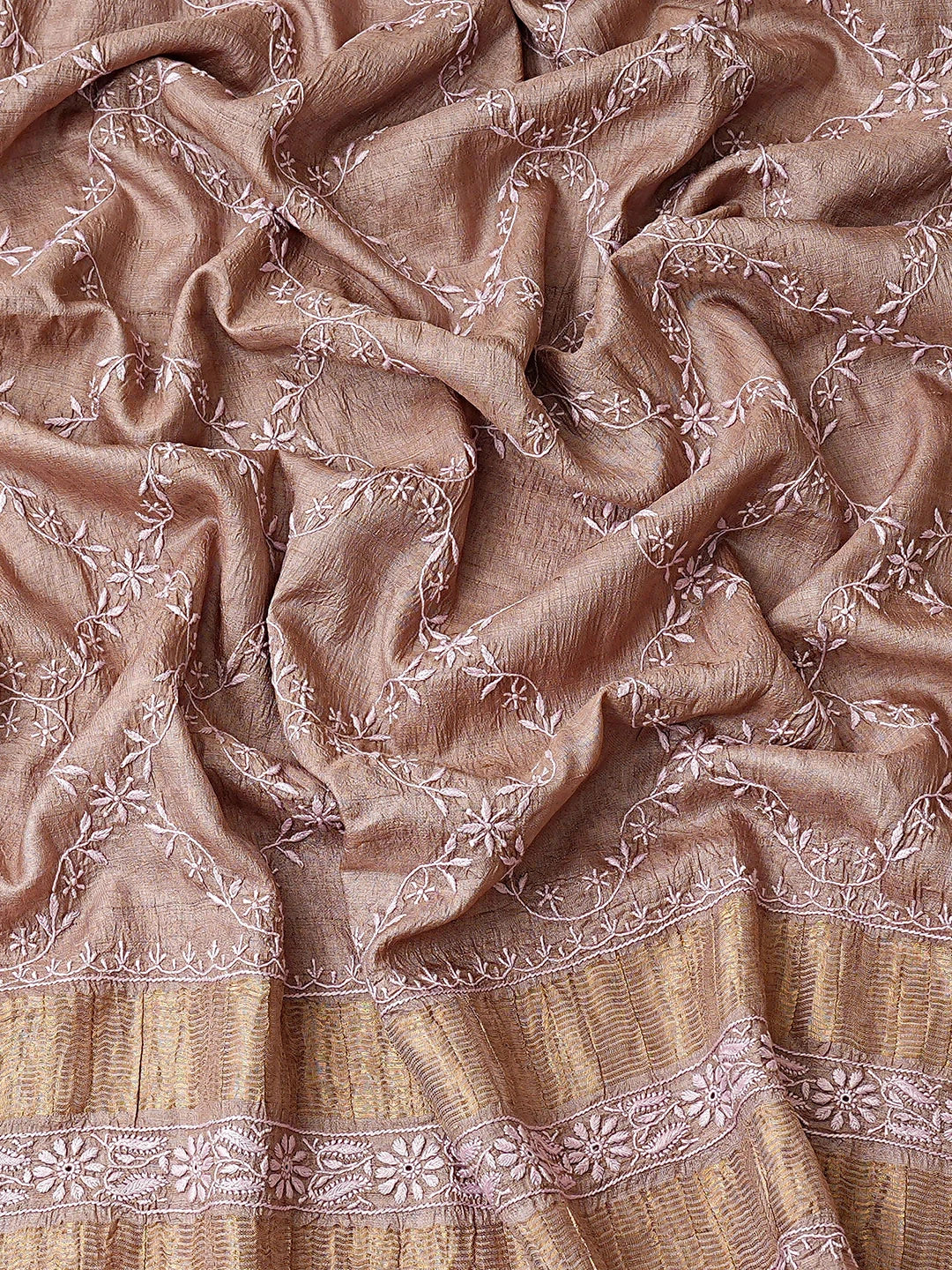 Ada Hand Embroidered Light Fawn Tussar Silk Lucknowi Chikankari Unstitched Kurta Dupatta Set 01A786812