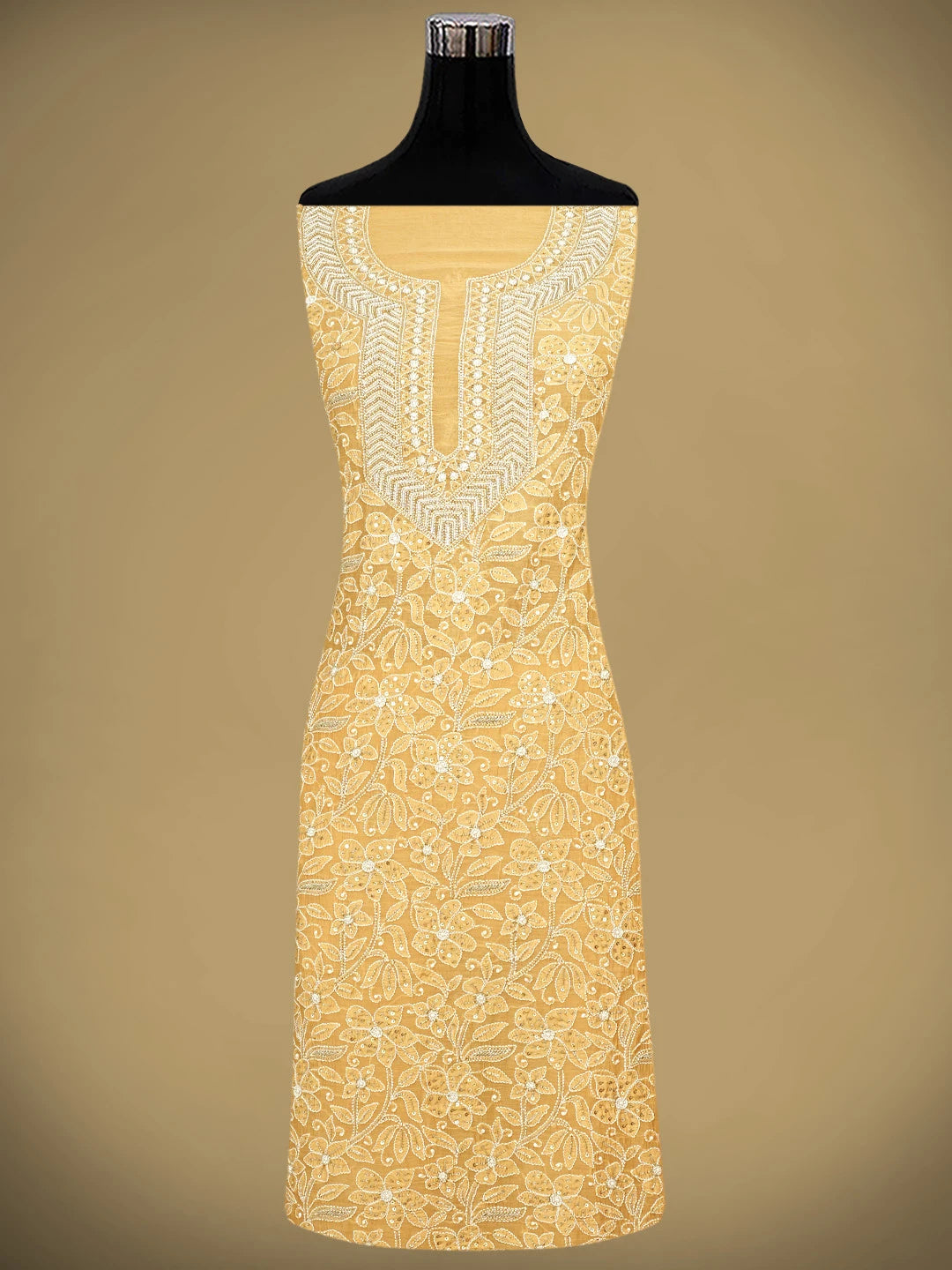 Ada Hand Embroidered Peach Chanderi Lucknowi Chikankari Unstitched Kurta Dupatta Set With Pearl Work 01A525362