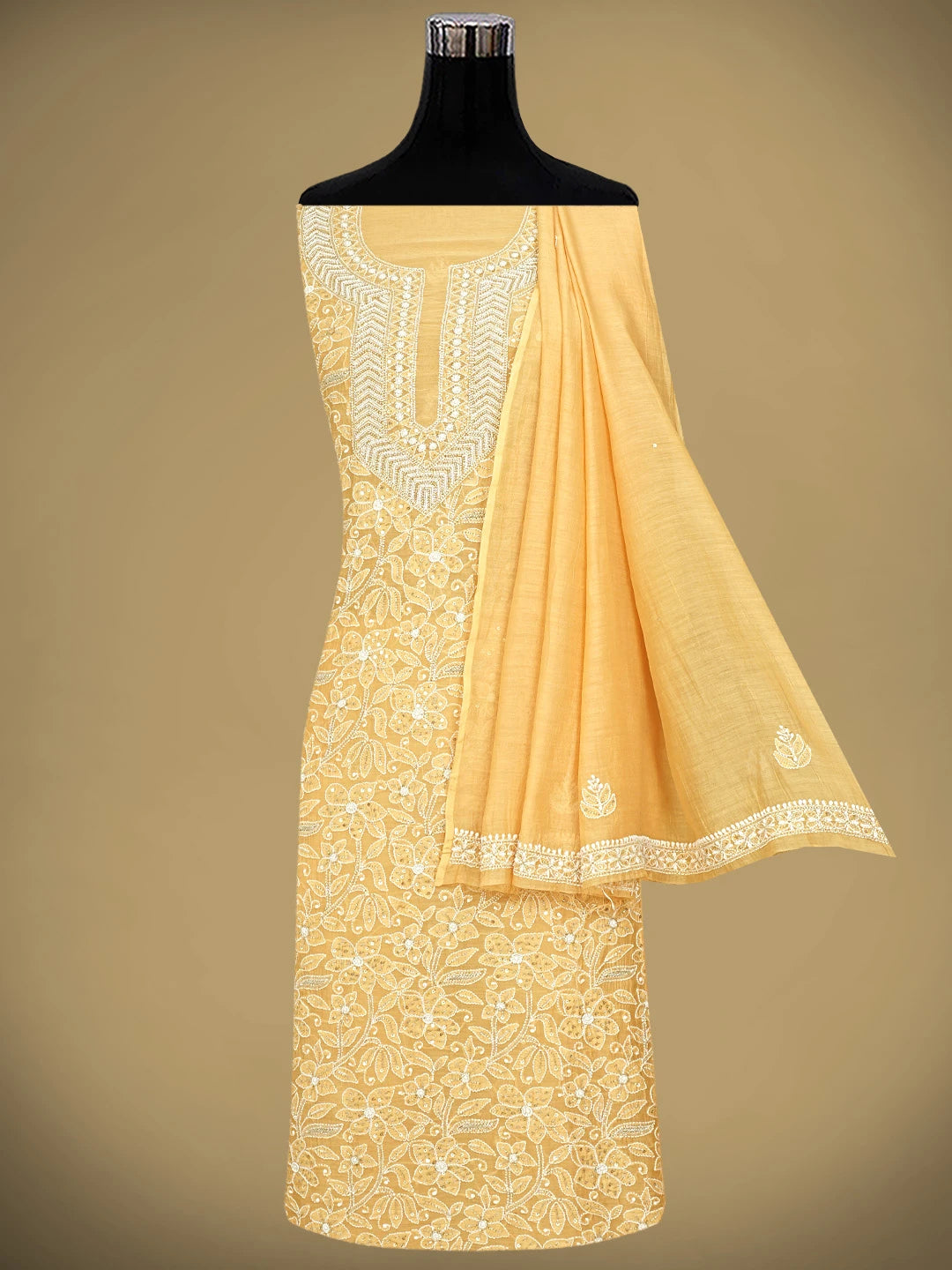 Ada Hand Embroidered Peach Chanderi Lucknowi Chikankari Unstitched Kurta Dupatta Set With Pearl Work 01A525362