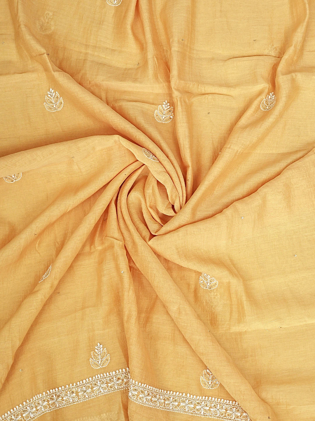 Ada Hand Embroidered Peach Chanderi Lucknowi Chikankari Unstitched Kurta Dupatta Set With Pearl Work 01A525362