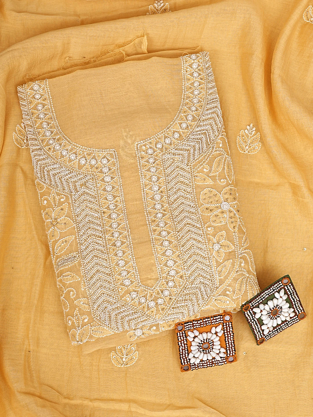 Ada Hand Embroidered Peach Chanderi Lucknowi Chikankari Unstitched Kurta Dupatta Set With Pearl Work 01A525362