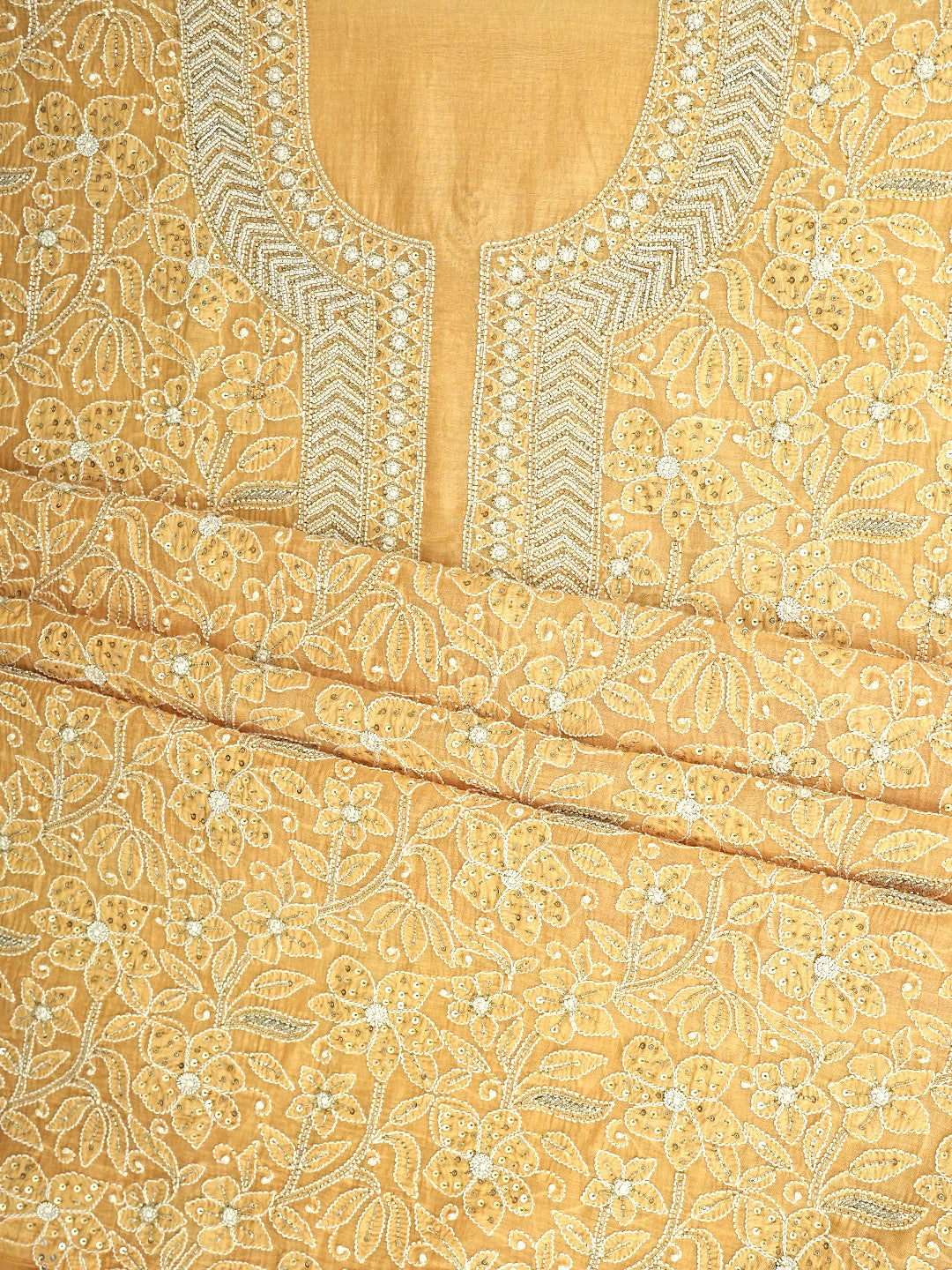Ada Hand Embroidered Peach Chanderi Lucknowi Chikankari Unstitched Kurta Dupatta Set With Pearl Work 01A525362
